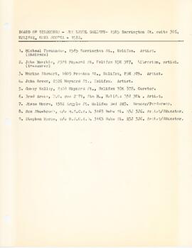 List of 1982 Board of Directors at Eye Level Gallery