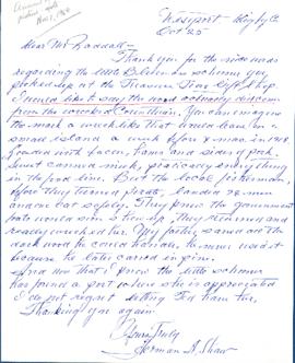 Correspondence between Thomas Head Raddall and Heimon A. Shaw