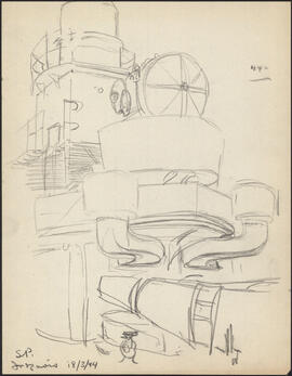 Charcoal and pencil sketch by Donald Cameron Mackay of exhaust and ventilation equipment on the d...