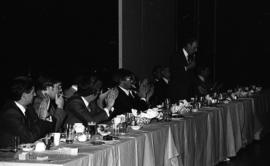 Photograph of Robert Stanfield speaking at a ring presentation