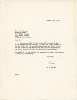 Letter from Samuel Balcom to A.M. Savage, Managing Editor of The Halifax Herald, thanking him for...