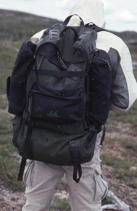 Photograph of Mike Crowell covered in mosquitos while wearing insect repellent clothing near Vois...