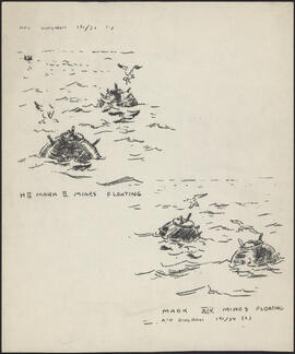 Two ink drawings by Donald Cameron Mackay of H II Mark II  and Mark XIV floating mines.