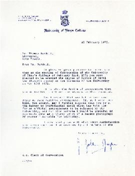 Correspondence between Thomas Head Raddall and the University of Kings College