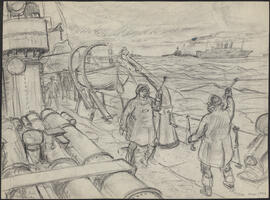 Charcoal and pencil sketch by Donald Cameron Mackay of a convoy escort in rough seas