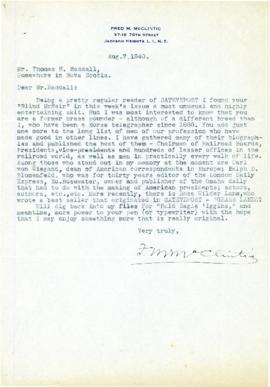 Correspondence between Thomas Head Raddall and Fred M. McClintic