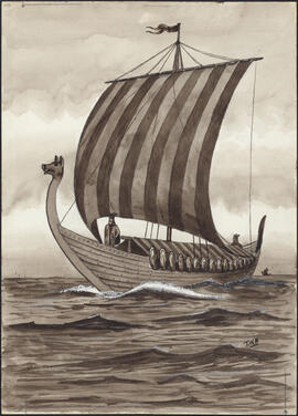 Drawing for the illustration facing page 44 of the first edition of the Markland Sagas : A long ship
