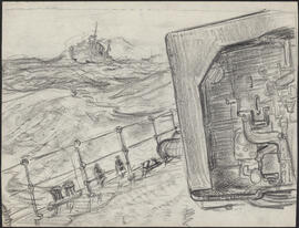 Charcoal and pencil drawing by Donald Cameron Mackay showing on deck engine components in rough seas