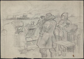 Charcoal and pencil drawing by Donald Cameron Mackay of two sailors making navigational observations