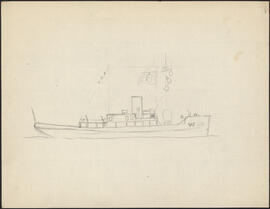Charcoal and pencil drawing by Donald Cameron Mackay showing a starboard side view of HMCS Andree...