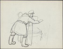 Charcoal and pencil study sketch by Donald Cameron Mackay of a naval officer speaking through a m...