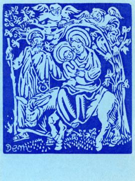 Printed Christmas card, in blue, depicting Joseph, Mary, Jesus, a donkey and two angels, designed...