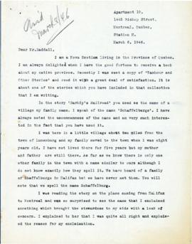 Correspondence between Thomas Head Raddall and Burton S. Schaffelburg