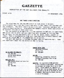 Gaezette : newsletter of the Gay Alliance for Equality, issue 6, 1986