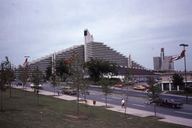 Photograph of the Olympic Village from across the street