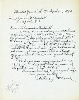 Correspondence between Thomas Head Raddall and Arthur J. McLeod
