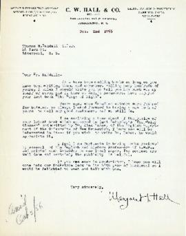Correspondence between Thomas Head Raddall and Margaret Hall