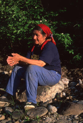 Photograph of Tshaukuesh Penashue, a person of Innu descent, at Mishta-shipu, Newfoundland and La...