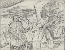 Charcoal and pencil drawing by Donald Cameron Mackay of sailors loading naval artillery rounds