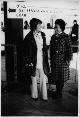 Elisabeth Mann Borgese and a woman at a Japanese airport
