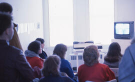 Photograph of the back view of a group of people watching a television screen