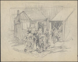 Pencil sketch by Donald Cameron Mackay of a group of sailors carrying duffel bags
