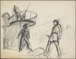 Charcoal and pencil sketch by Donald Cameron Mackay of an armed confrontation on the deck of a su...