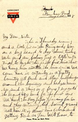Letter from William Morash to his sister Gertrude dated 1 August 1918