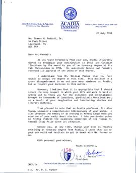Correspondence between Thomas Head Raddall and J. R. C. Perkin