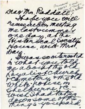 Correspondence between Thomas Head Raddall and Ethel P. Van Alstyne