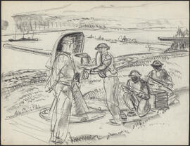Charcoal and pencil sketch by Donald Cameron Mackay of soldiers test-firing turret machine guns
