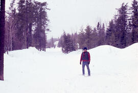 Photograph of Bill Freedman standing on a snowy mining access road, near Sudbury, Ontario