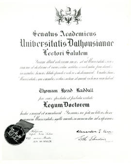 Photograph of Thomas Head Raddall's honorary degree from Dalhousie University