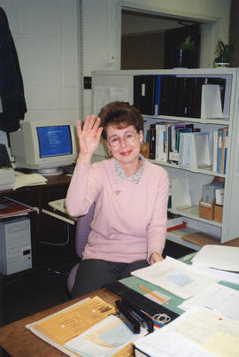 Photograph of Karen Chandler in the Serials Department at the Killam Memorial Library