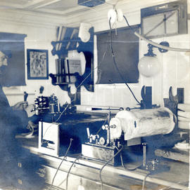Photograph of a Marconi wireless telegraph in the chartroom of the cable-ship Mackay-Bennett