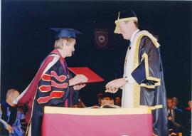 Photograph of Elisabeth Mann Borgese receiving an honourary degree from Concordia University
