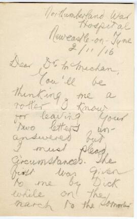 Correspondence from Owen Bell Jones to MacMechan, November 2, 1916