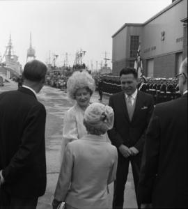 Photograph of the Queen Mother being greeted on the dock in Halifax