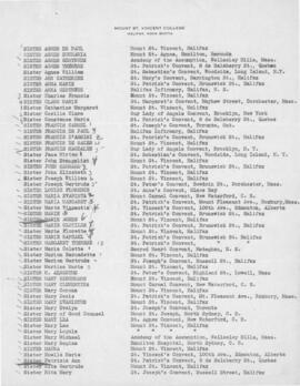 List of Catholic sisters typed on Mount Saint Vincent University letterhead