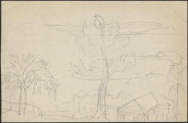 Pencil study sketch by Donald Cameron Mackay of an elevated perspective town scene
