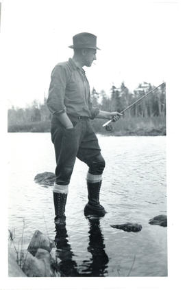 Photograph of Thomas Head Raddall fishing at Eagle Lake
