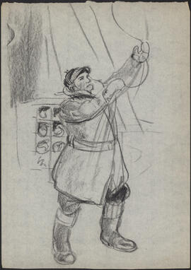 Charcoal and pencil drawing by Donald Cameron Mackay of a sailor in cold weather gear hauling rope