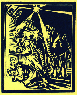 Printed Christmas card, in yellow, featuring the three wise men and a camel, designed by D.C. Mackay