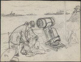 Charcoal and pencil drawing by Donald Cameron Mackay of sailors performing maintenance work on deck