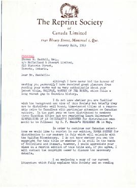 Correspondence between Thomas Head Raddall and Reprint Society of Canada