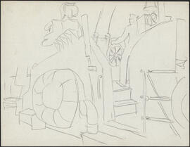Pencil study sketch by Donald Cameron Mackay of the bridge of an unidentified Canadian naval ship