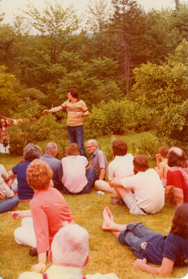 Photograph of Nolan Reilly addressing a seated crowd at the First Roscoe Fillmore Memorial Picnic