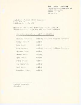 1981 list of Directors at Eye Level Gallery