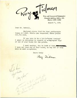 Correspondence between Thomas Head Raddall and Roy Tidman