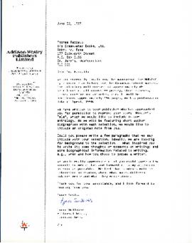 Correspondence between Thomas Head Raddall and Lynne Gulliver, Addison-Wesley Publishers Limited